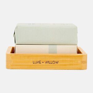 NEW Luxe + Willow 3 pc Sage & Vetiver Oatmeal Bar Soap Set With Bamboo Soap Tray